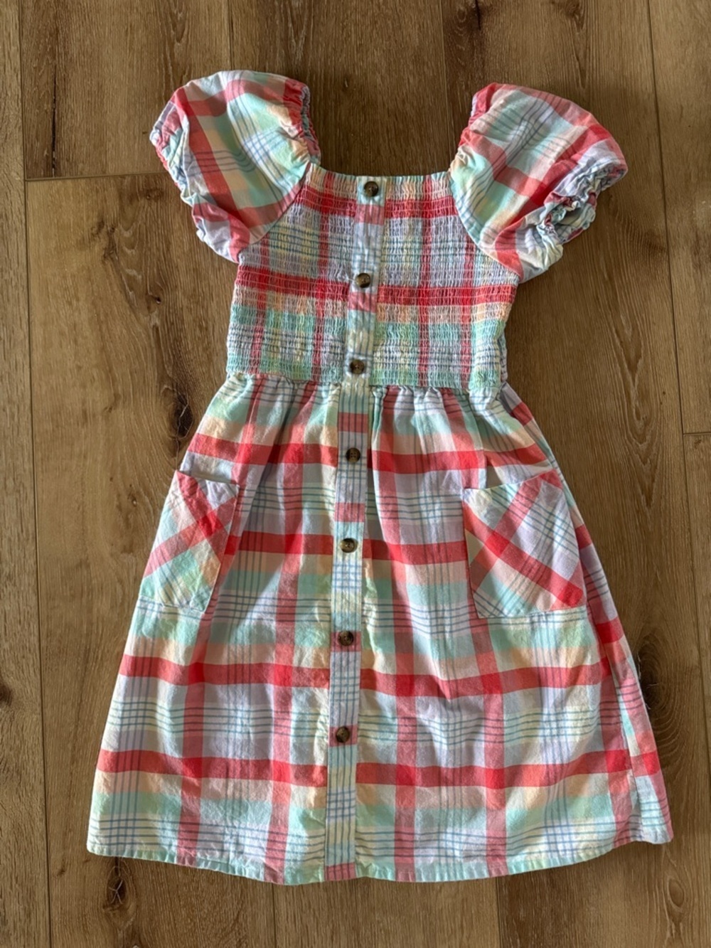 wonder nation | Coral & Mint Plaid Puff-Sleeve Button-Front Dress | size L 10/12